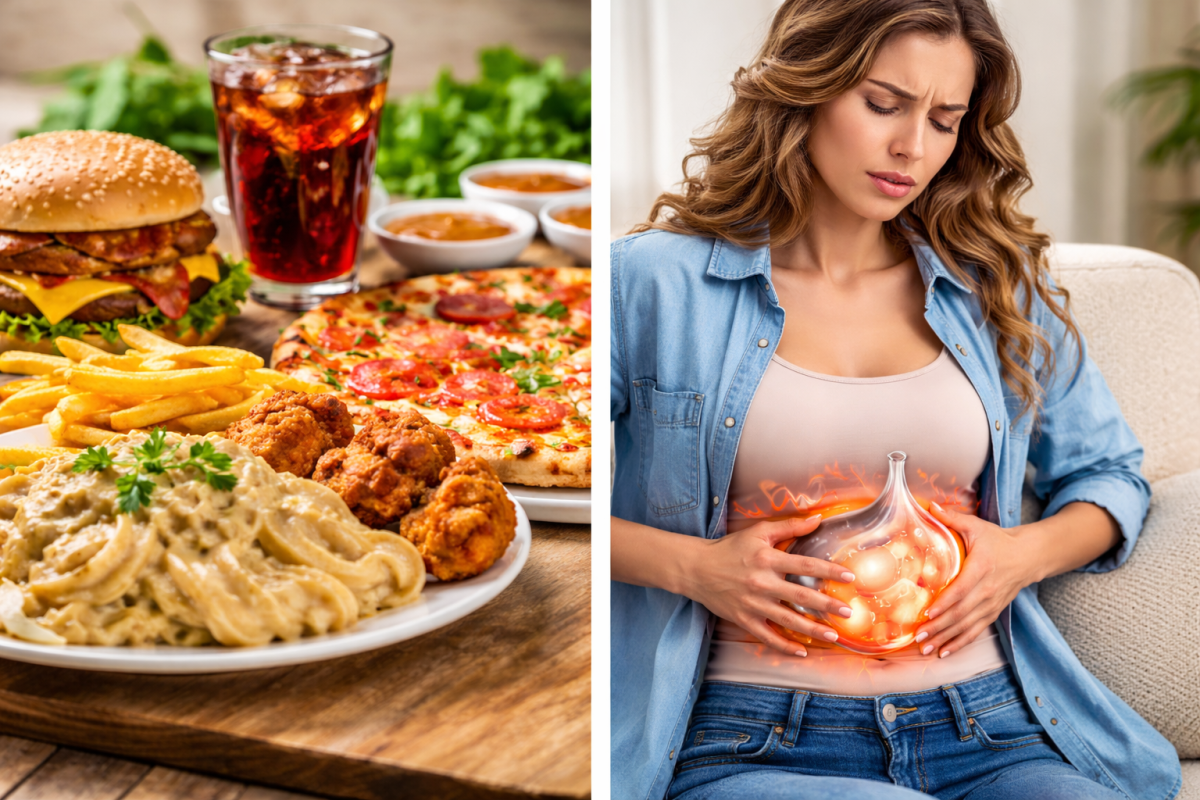 Woman holding her stomach with bloating discomfort next to heavy foods like pizza, burger, fries and pasta, illustrating causes of post-meal bloating